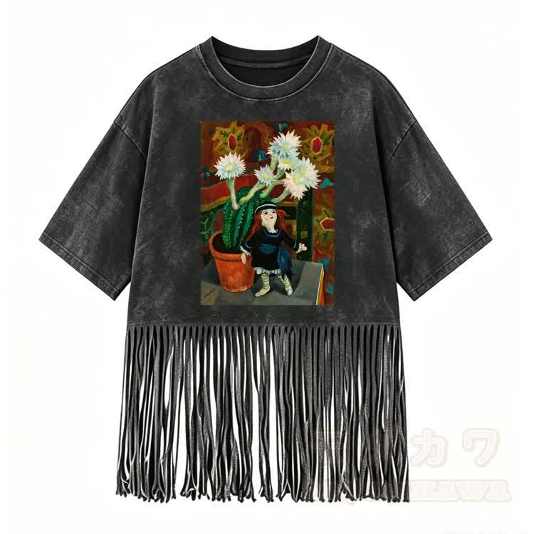 Modakawa T-Shirt mit gewaschenen Fransen und Grafikdesign - Schwarz - 5XL - image 2