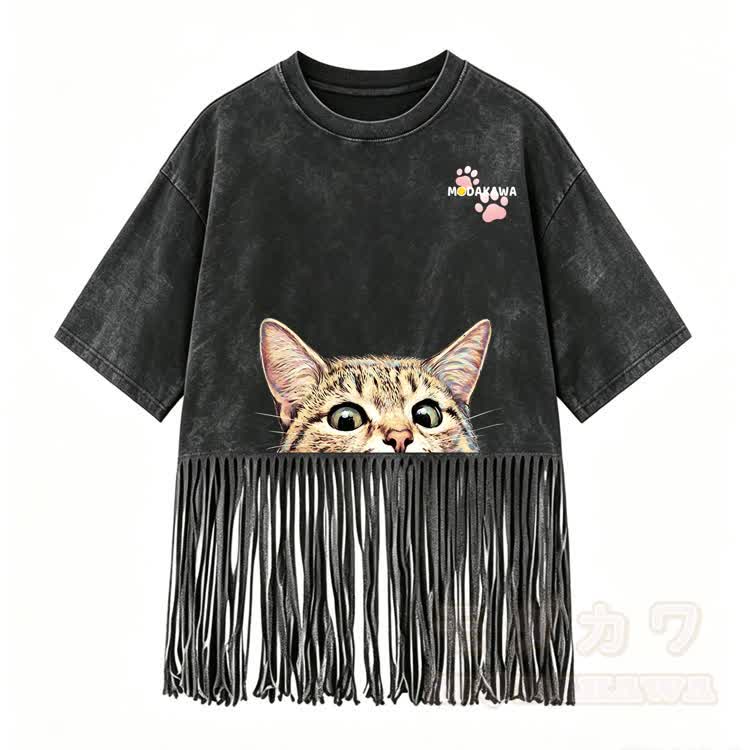 Kitty Graphic Modakawa Washed Fringe T-Shirt - Schwarz - 5XL - image 2