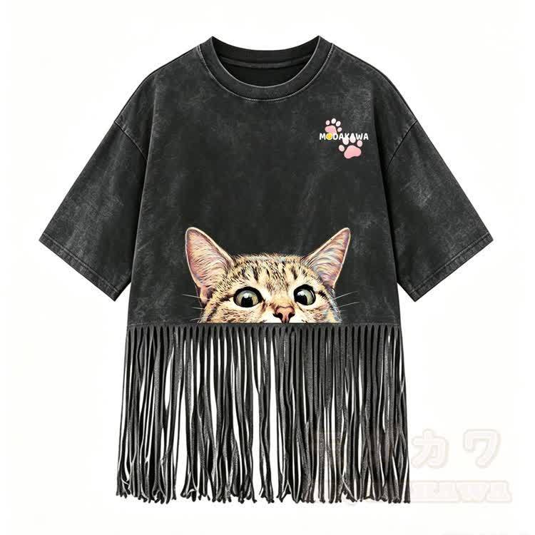 Kitty Graphic Modakawa Washed Fringe T-Shirt - Schwarz - 5XL - image 2
