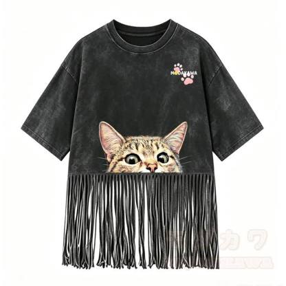Kitty Graphic Modakawa Washed Fringe T-Shirt - Schwarz - 5XL - image 2