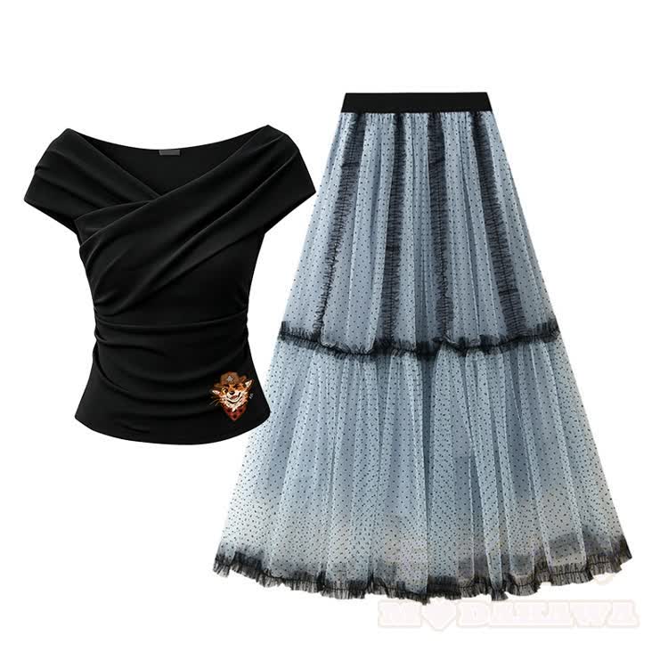 MODAKAWA X atka Fox Graphic Off Shoulder Top & Mesh Maxi Skirt - image 1