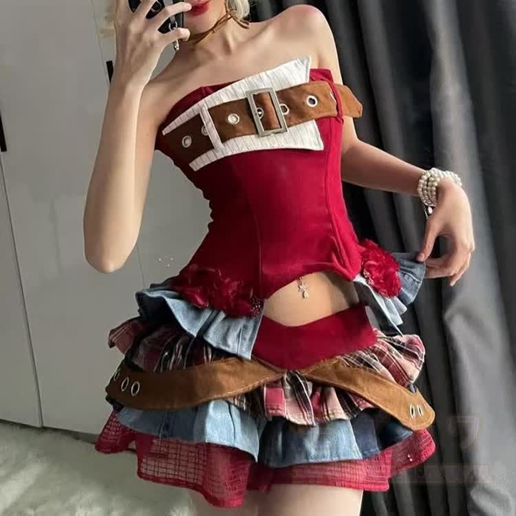 Set aus kariertem Patchwork-Korsett-Top und Rüschen-Minirock - image 2