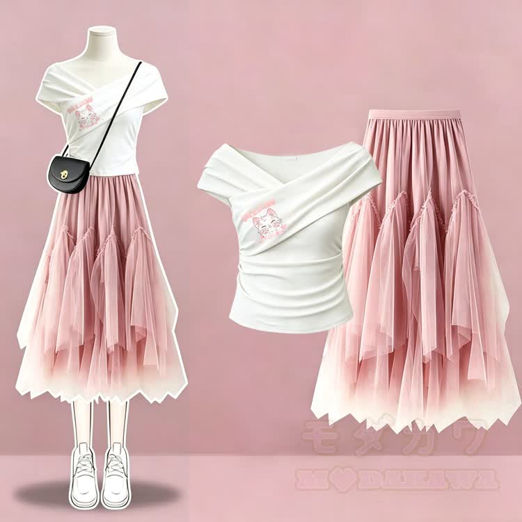 MEOW Kitty Graphic Modakawa Off-Shoulder-Top & Layered Mesh Maxi Skirt - image 1