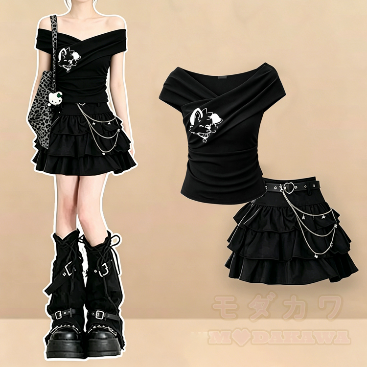 MODAKAWA X popipeko Puppy Graphic Off Shoulder Top mit Rüschenminirock und Stulpen - image 1