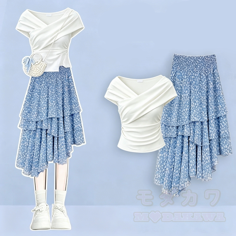 Modakawa schulterfreies Top & blauer, gestufter Maxirock mit Blumenmuster - image 1