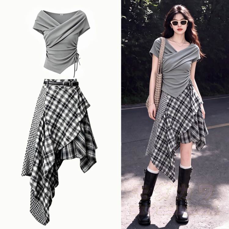 Modakawa Off-Shoulder-Top & karierter asymmetrischer Midirock - image 1