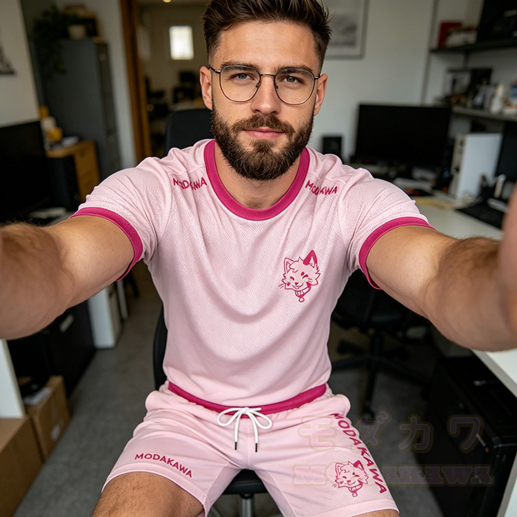 MODAKAWA X popipeko Zunge-raus-Kitty-Grafik Herren-Sport-T-Shirt mit Kordelzug-Shorts und passendem Outfit - image 1