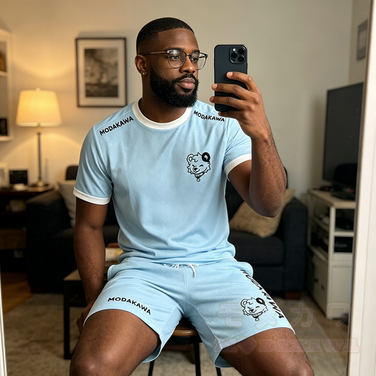MODAKAWA X popipeko Herren-Sport-T-Shirt mit Bärenmotiv „Zunge raus“ und passender Shorts mit Kordelzug - image 1