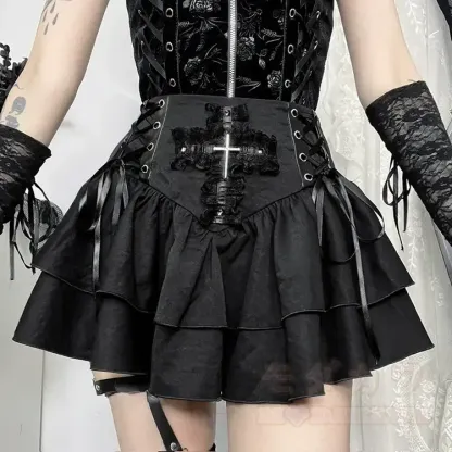 Schwarzes Modakawa-Top mit Katzenmotiv, One-Shoulder-Top mit Rüschenminirock und Plüschanhänger - image 20