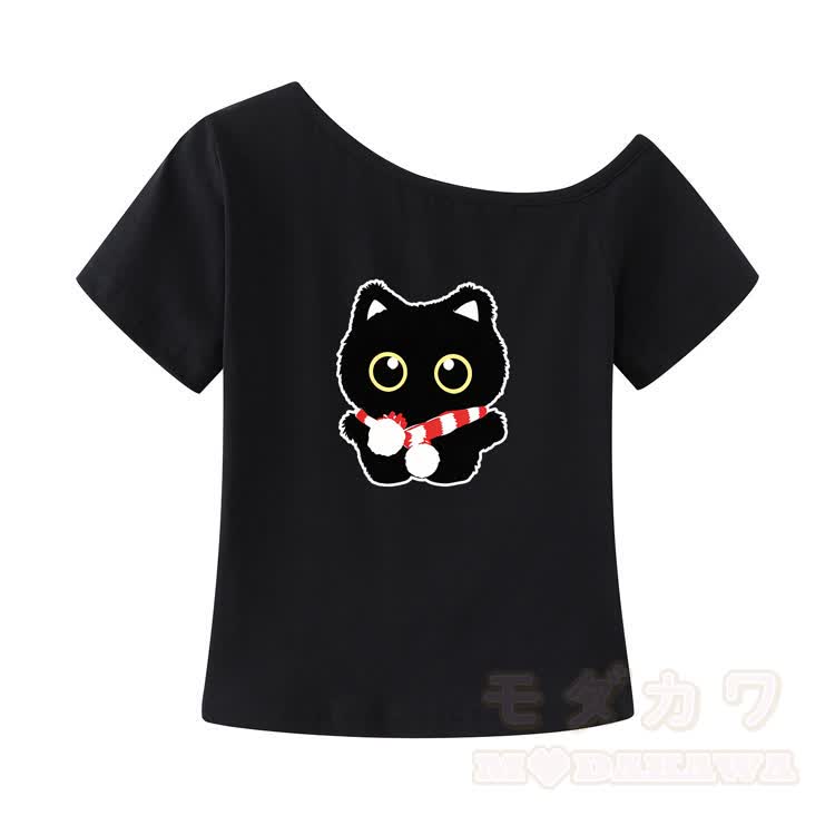 Schwarzes Modakawa-Top mit Katzenmotiv, One-Shoulder-Top mit Rüschenminirock und Plüschanhänger - Schwarzes Oberteil - One Size - image 2