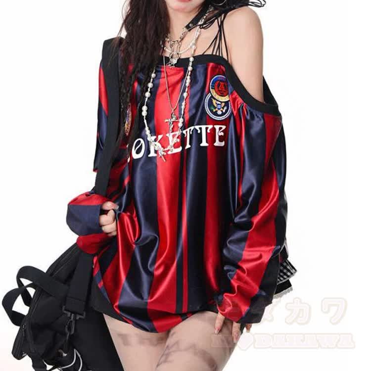 Vintage gestreiftes Oversize-Top mit schulterfreiem Ausschnitt - image 1