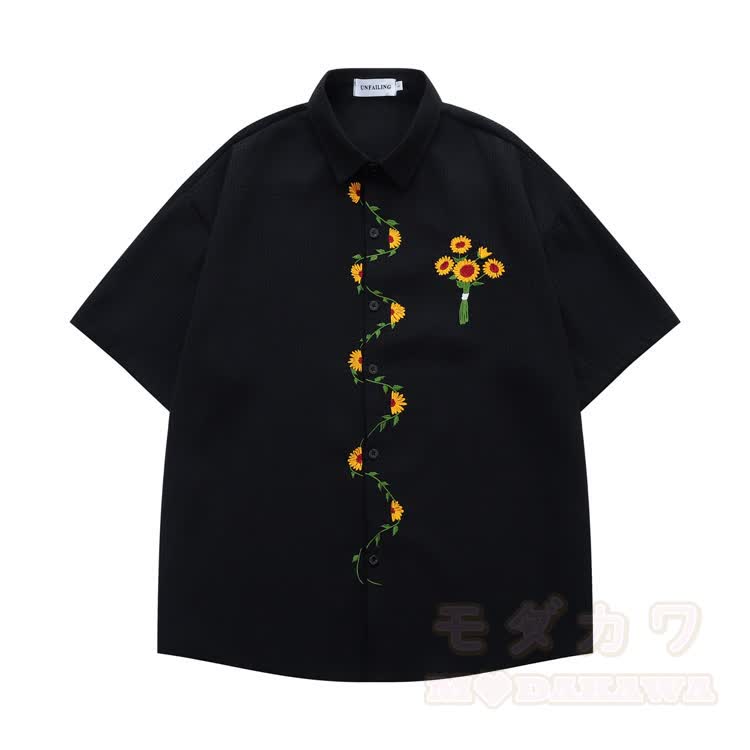 Schwarzes Hemd mit Sonnenblumenstickerei und Knopfleiste - Schwarz - XL - image 2