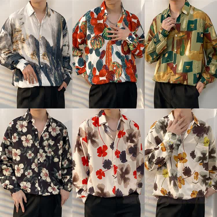 Herren-Langarmhemd mit Vintage-Print und Knopfleiste - image 1