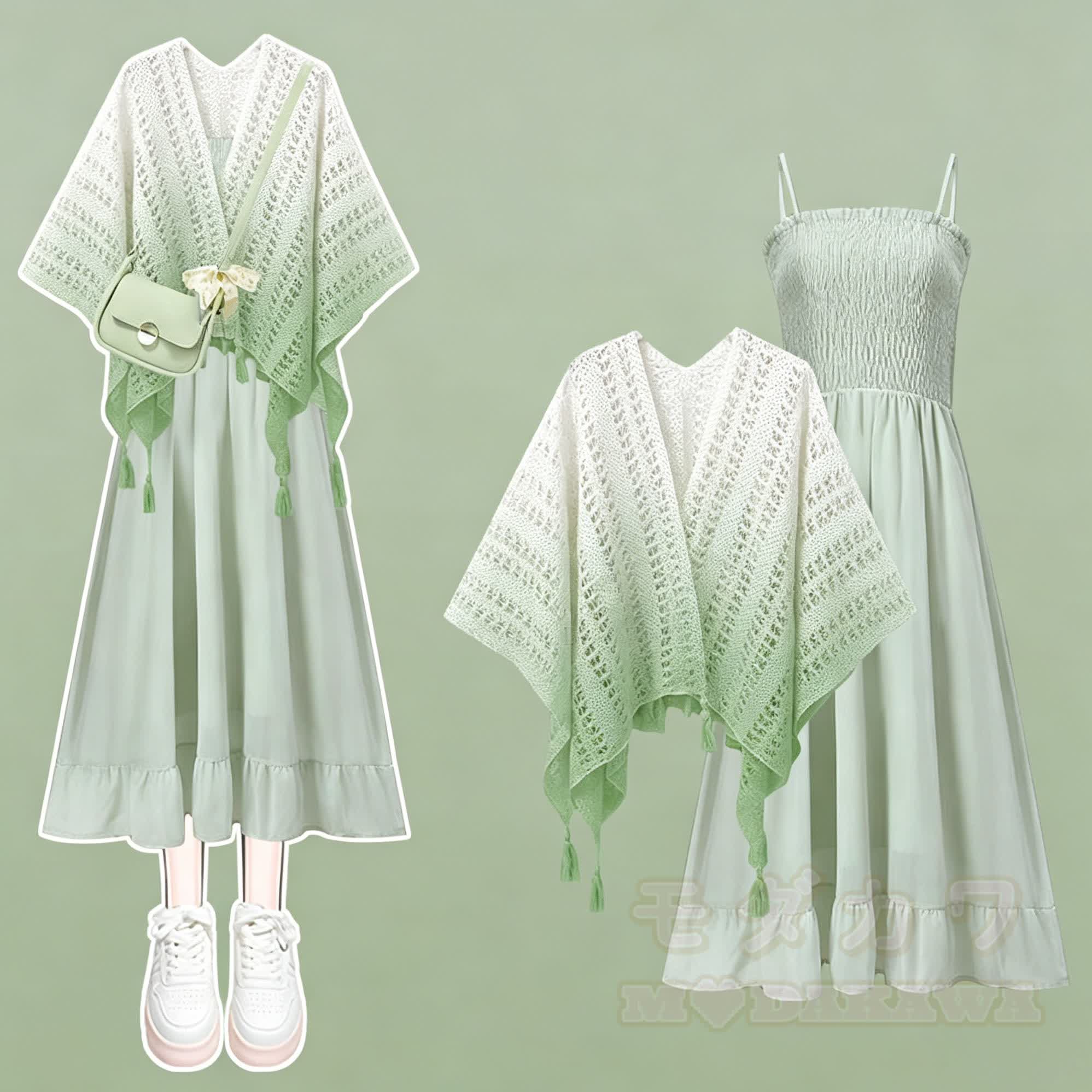 Elegantes zweiteiliges Set aus floralem Kleid mit farbverlaufendem, durchbrochenem Schal. - Satz - 4XL - image 1