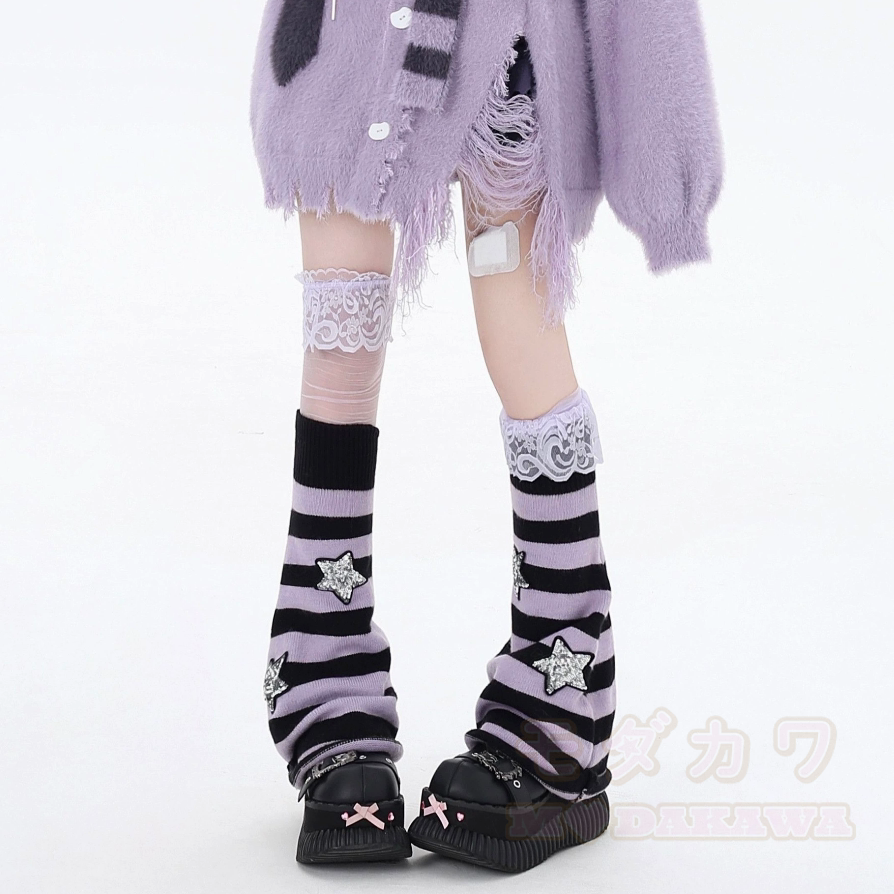 Harajuku Fashion Y2K Streifen- und Sternenmuster Wendbare Beinstulpen Socken - Schwarz Lila - One Size - image 1