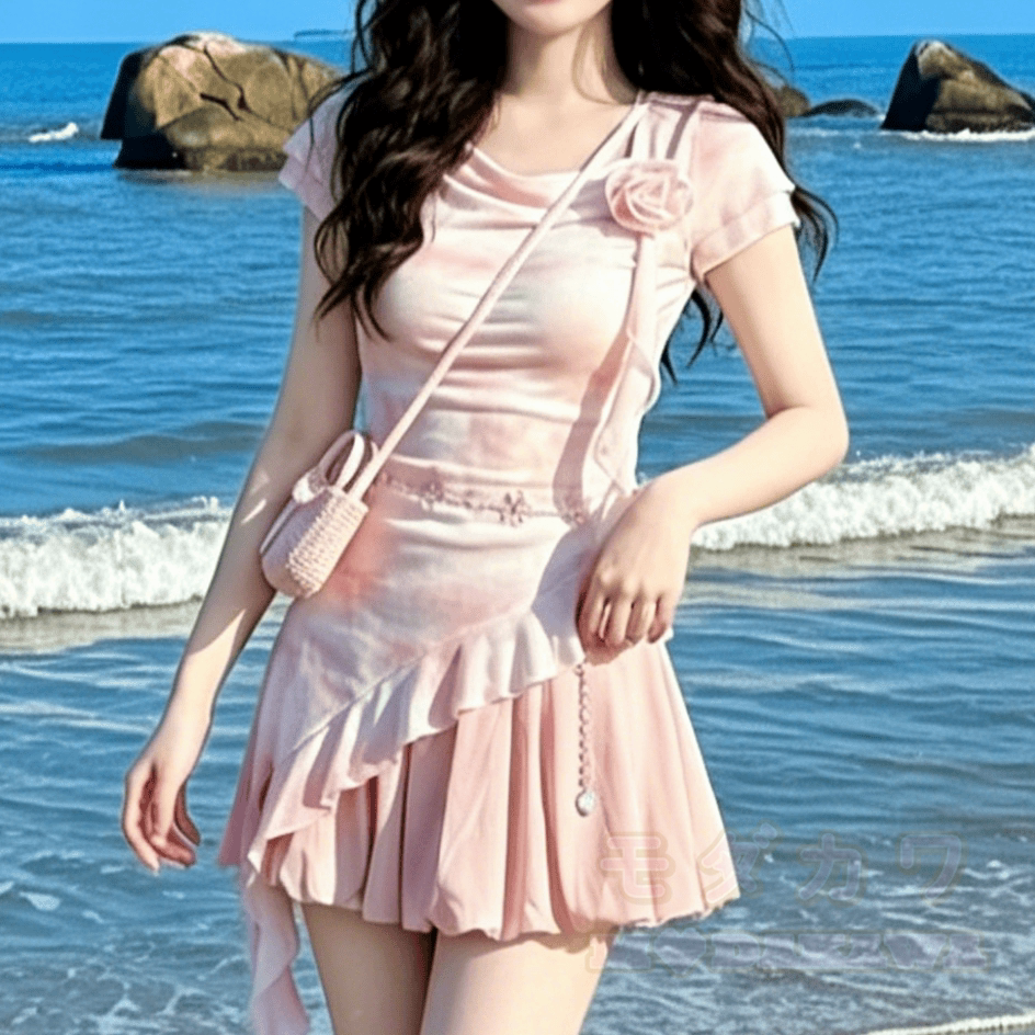 Trendiges zweiteiliges Set: Asymmetrisches, pinkfarbenes Kurzarmtop mit Jeanshose - image 4