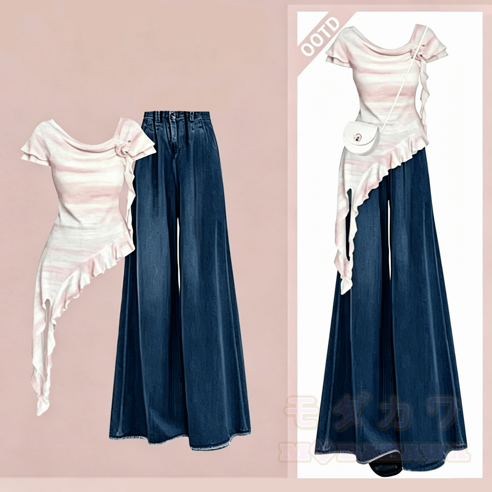 Trendiges zweiteiliges Set: Asymmetrisches, pinkfarbenes Kurzarmtop mit Jeanshose - Rosa Oberteil + Blaue Hose - 4XL - image 2