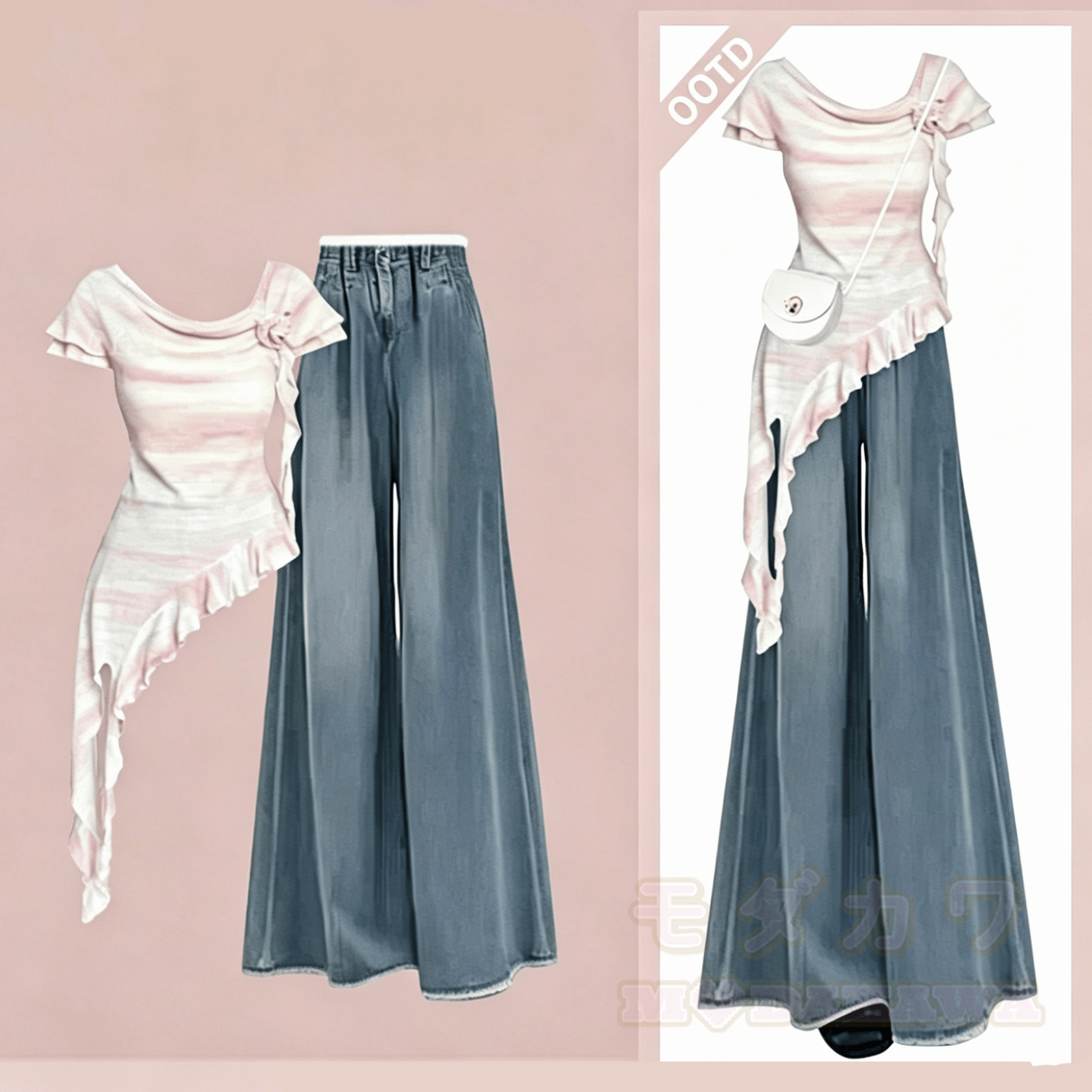 Trendiges zweiteiliges Set: Asymmetrisches, pinkfarbenes Kurzarmtop mit Jeanshose - Rosa Oberteil + hellblaue Hose - 4XL - image 1