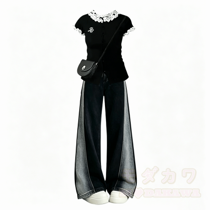 Zweiteiliges Set aus lässigem Oberteil und hochgeschnittener Jeans. - image 6