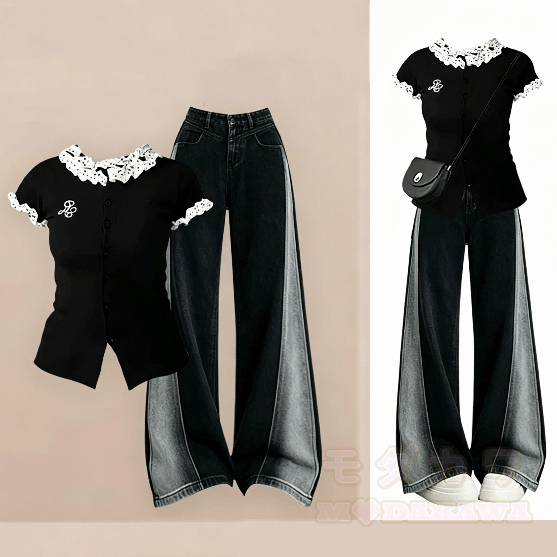 Zweiteiliges Set aus lässigem Oberteil und hochgeschnittener Jeans. - Satz - 3XL - image 1
