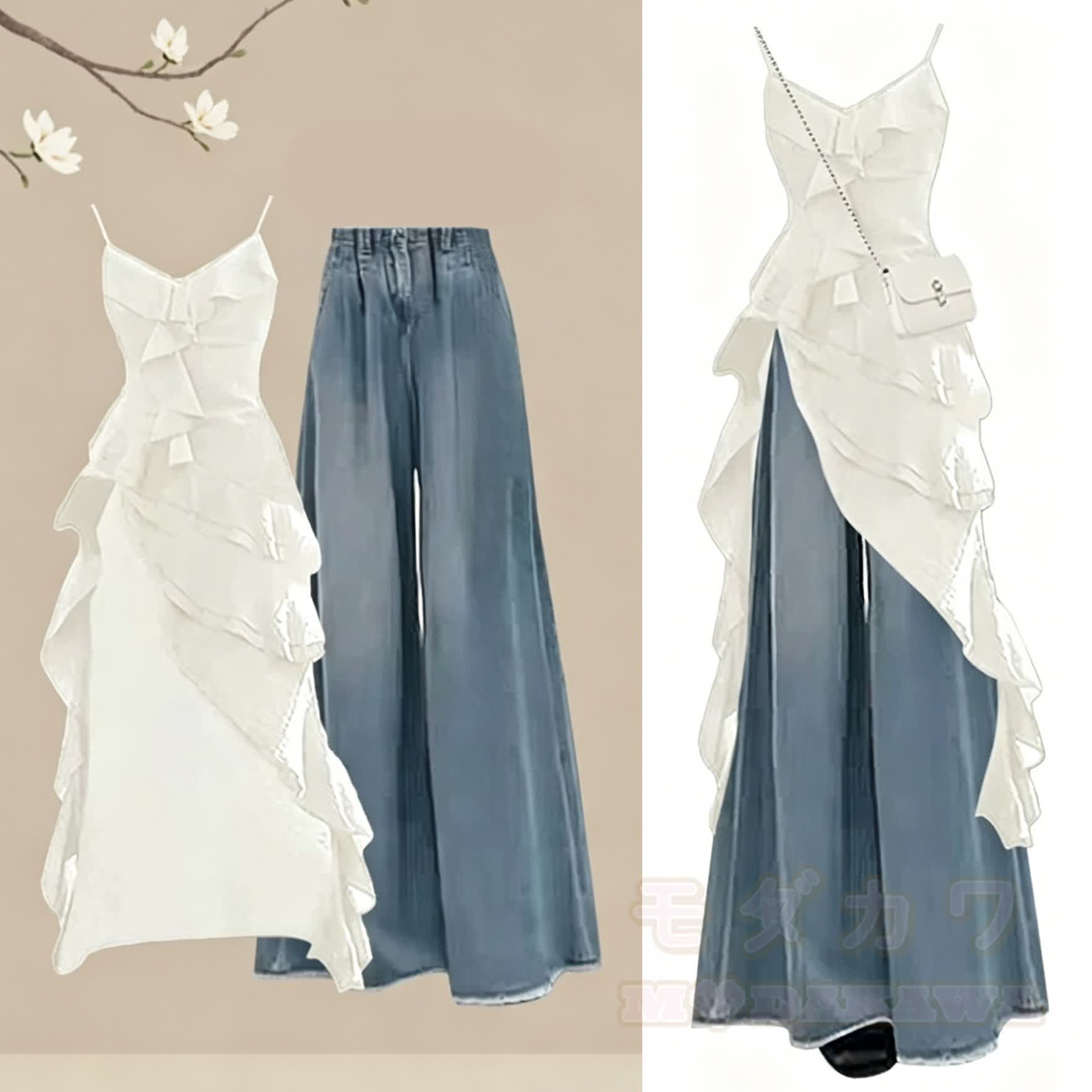 Sommerliches Zweiteiler-Set: Kleid mit Jeanshose - Weißes Kleid + hellblaue Hose - 4XL - image 1