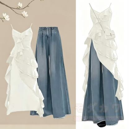 Sommerliches Zweiteiler-Set: Kleid mit Jeanshose - Weißes Kleid + hellblaue Hose - 4XL - image 1