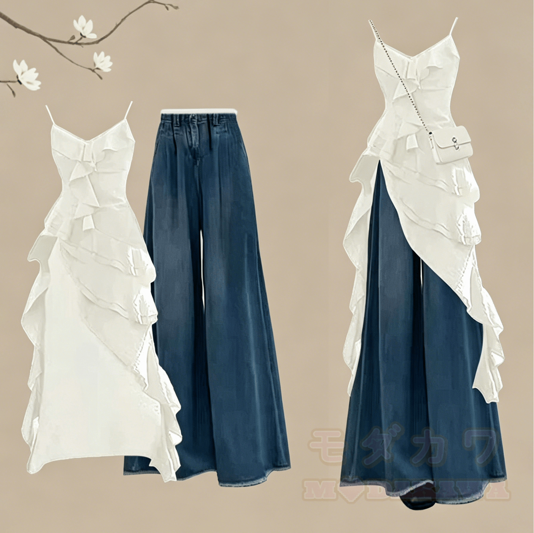 Sommerliches Zweiteiler-Set: Kleid mit Jeanshose - Weißes Kleid + blaue Hose - 4XL - image 3