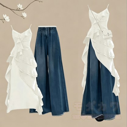 Sommerliches Zweiteiler-Set: Kleid mit Jeanshose - Weißes Kleid + blaue Hose - 4XL - image 3