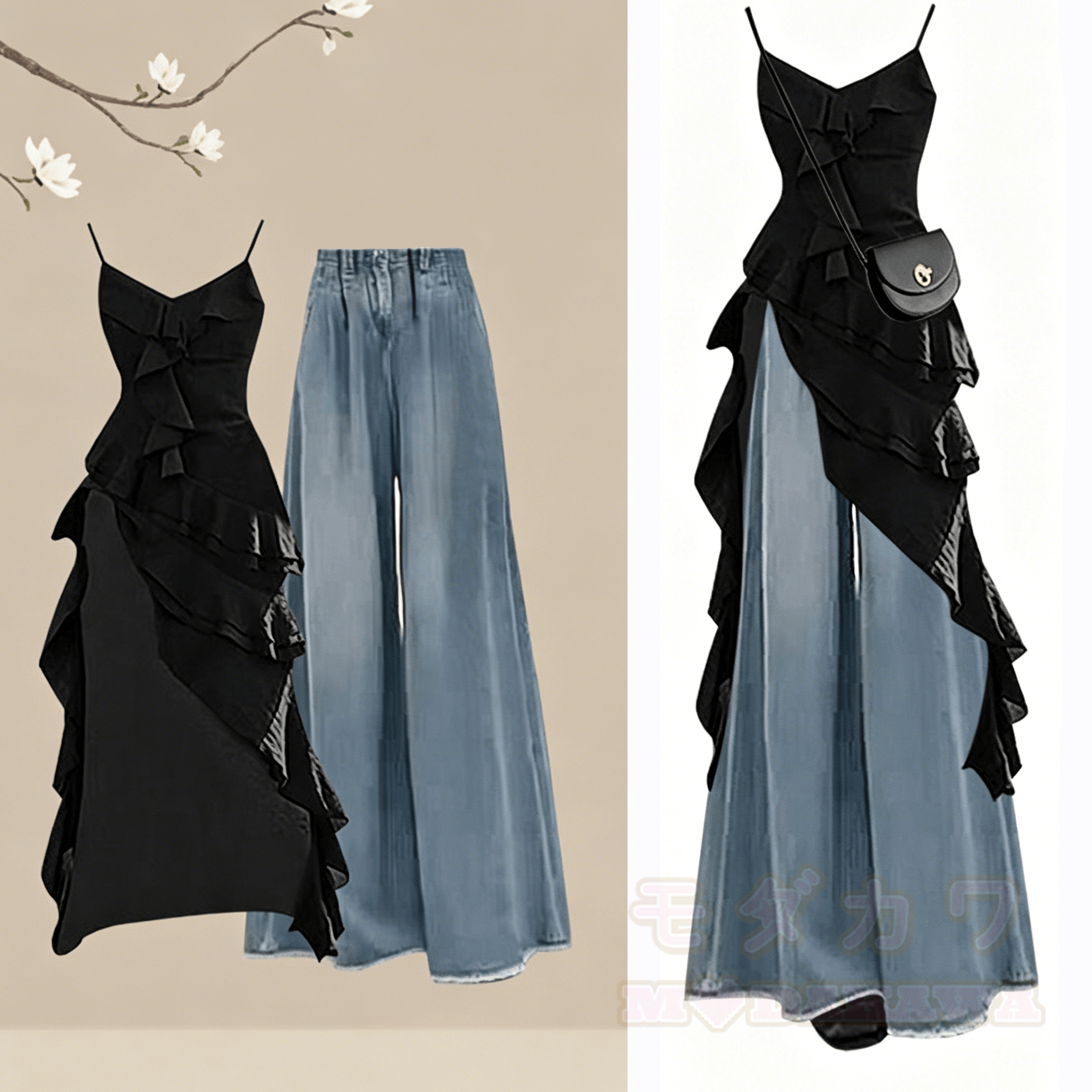 Sommerliches Zweiteiler-Set: Kleid mit Jeanshose - Schwarzes Kleid + hellblaue Hose - 4XL - image 2