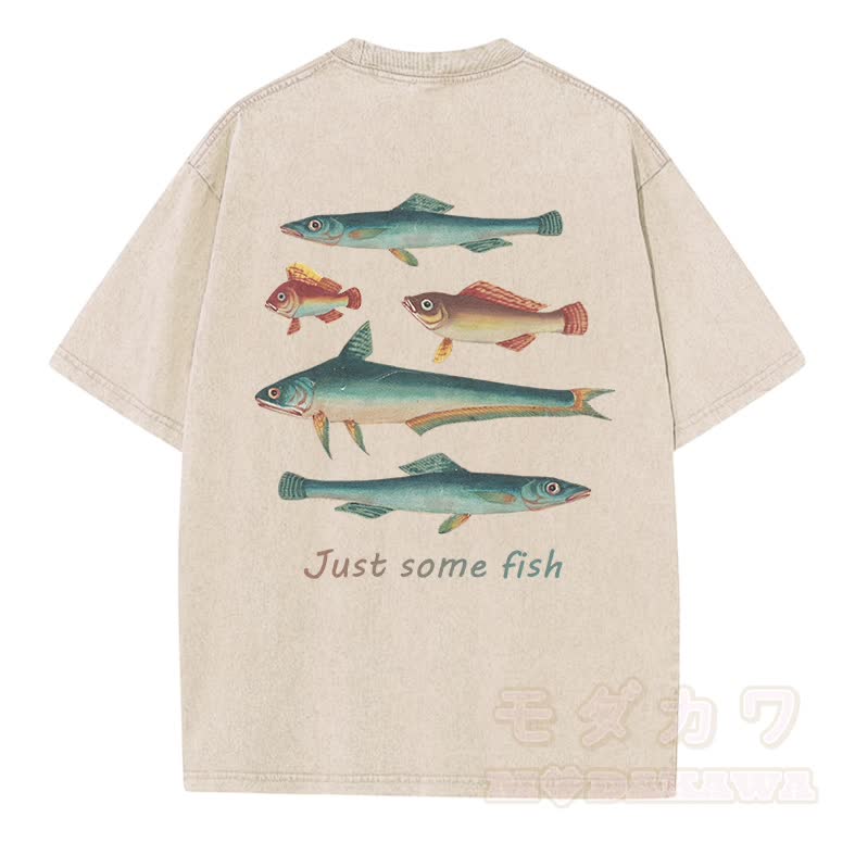 MODAKAWA JUST SOME FISH Vintage Washed Loose Oversized Cotton Short Sleeve T-shirt - Beige - 5XL - image 1