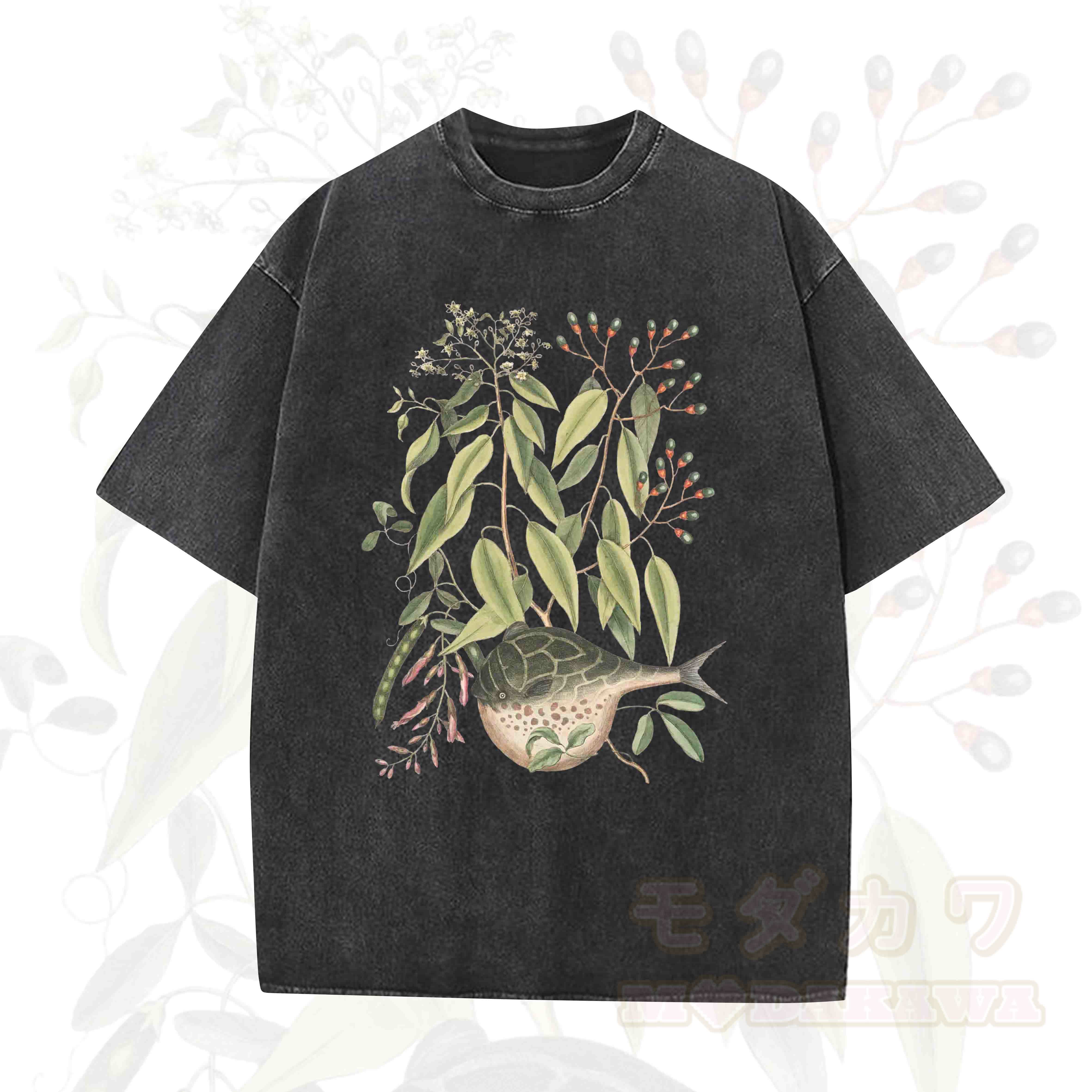 Modakawa Vintage Washed Fish Plant Print Loose Oversized Kurzarm-T-Shirt - Schwarz - 5XL - image 1