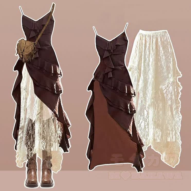 Vintage-Tamikleid mit Spitzenrock, zweiteiliges Set - Satz - 4XL - image 1