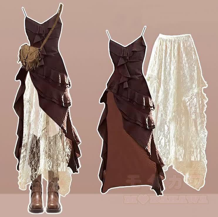 Vintage-Tamikleid mit Spitzenrock, zweiteiliges Set - Satz - 4XL - image 1
