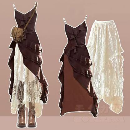 Vintage-Tamikleid mit Spitzenrock, zweiteiliges Set - Satz - 4XL - image 1