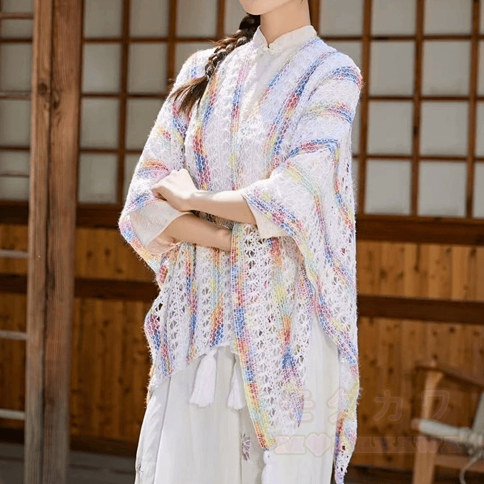 Bohemian Cami Dress with Aperty Knit Shatal Set Two Pieces Set - Weißer, mehrfarbiger Colorblock-Schal - One Size - image 18
