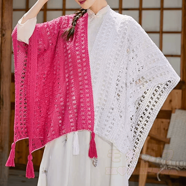 Bohemian Cami Dress with Aperty Knit Shatal Set Two Pieces Set - Weiß-rosa Farbblock-Schal - One Size - image 17