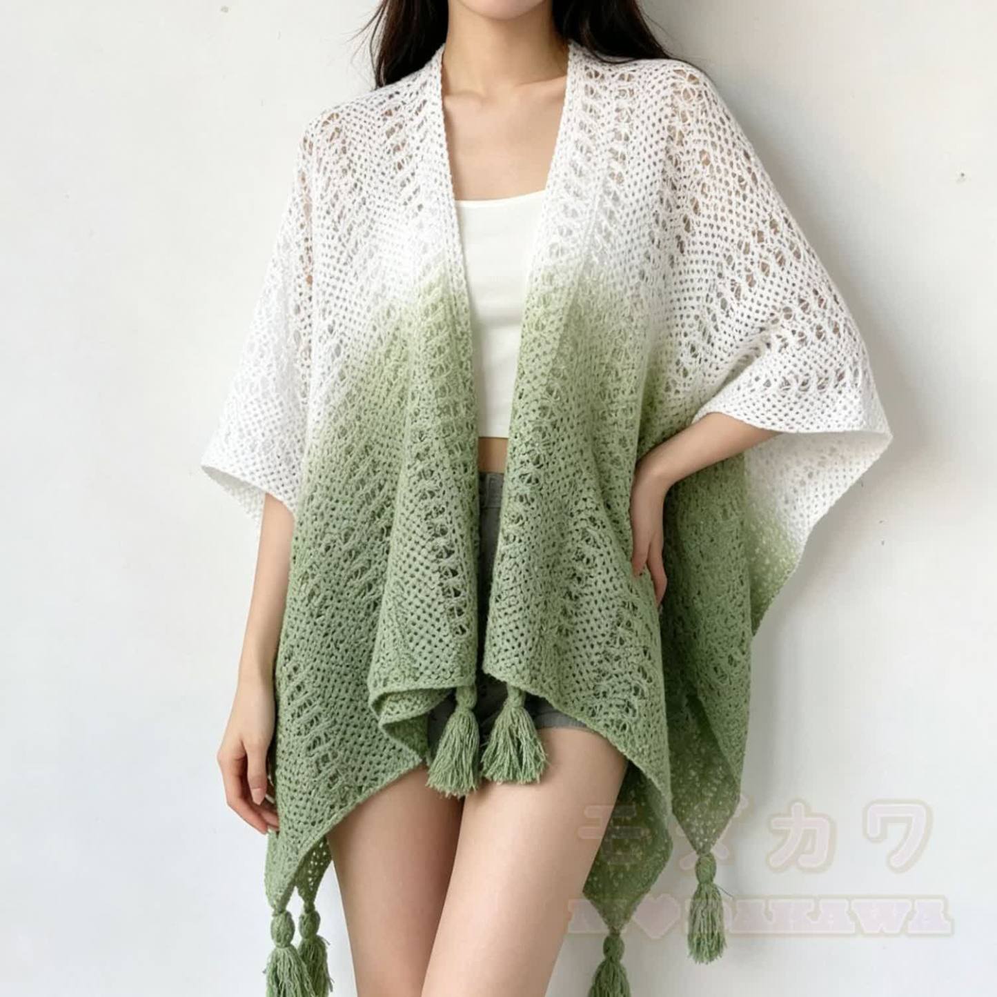 Bohemian Cami Dress with Aperty Knit Shatal Set Two Pieces Set - Grüner Farbverlaufsschal - One Size - image 11