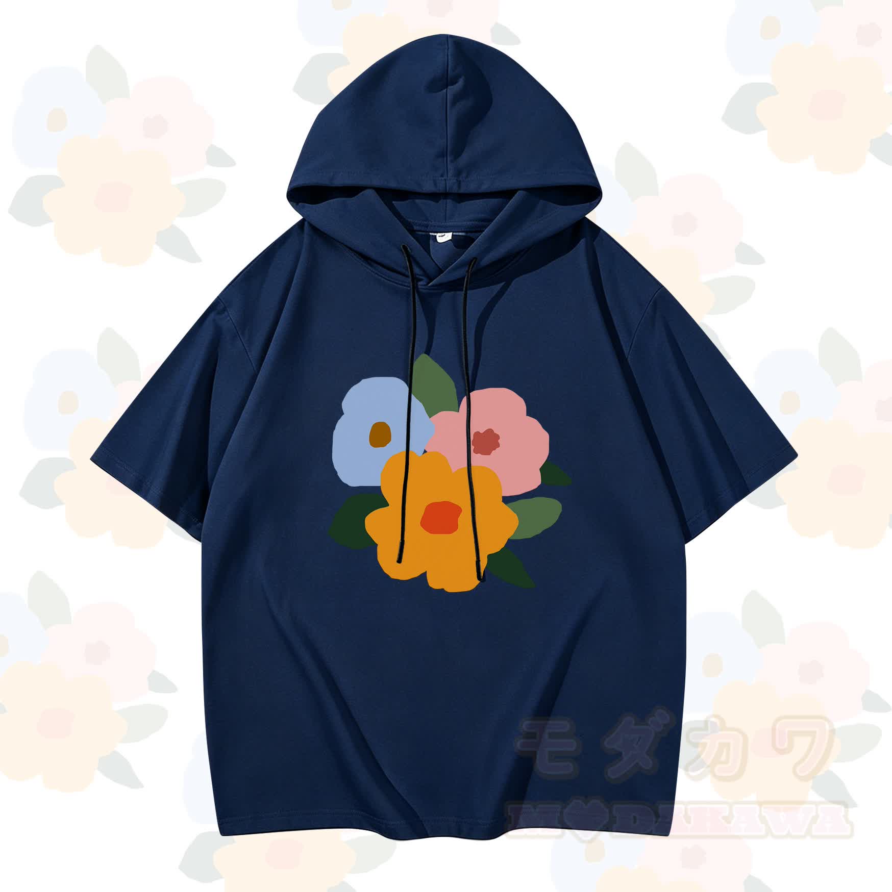 MODAKAWA X Trevor Basset Kurzarm-Hoodie mit buntem Blumenmuster - Marineblau - 3XL - image 1