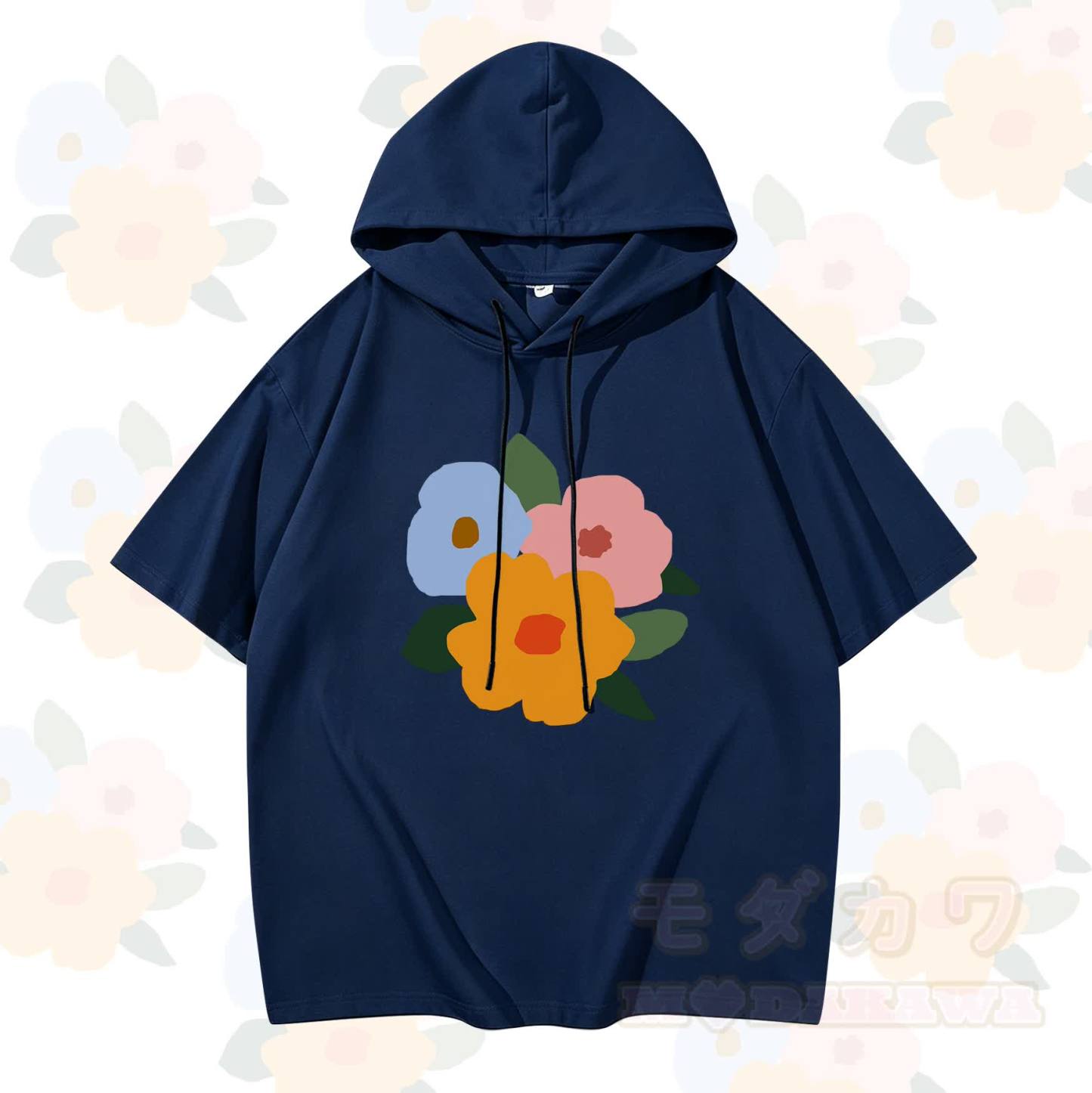MODAKAWA X Trevor Basset Kurzarm-Hoodie mit buntem Blumenmuster - Marineblau - 3XL - image 1