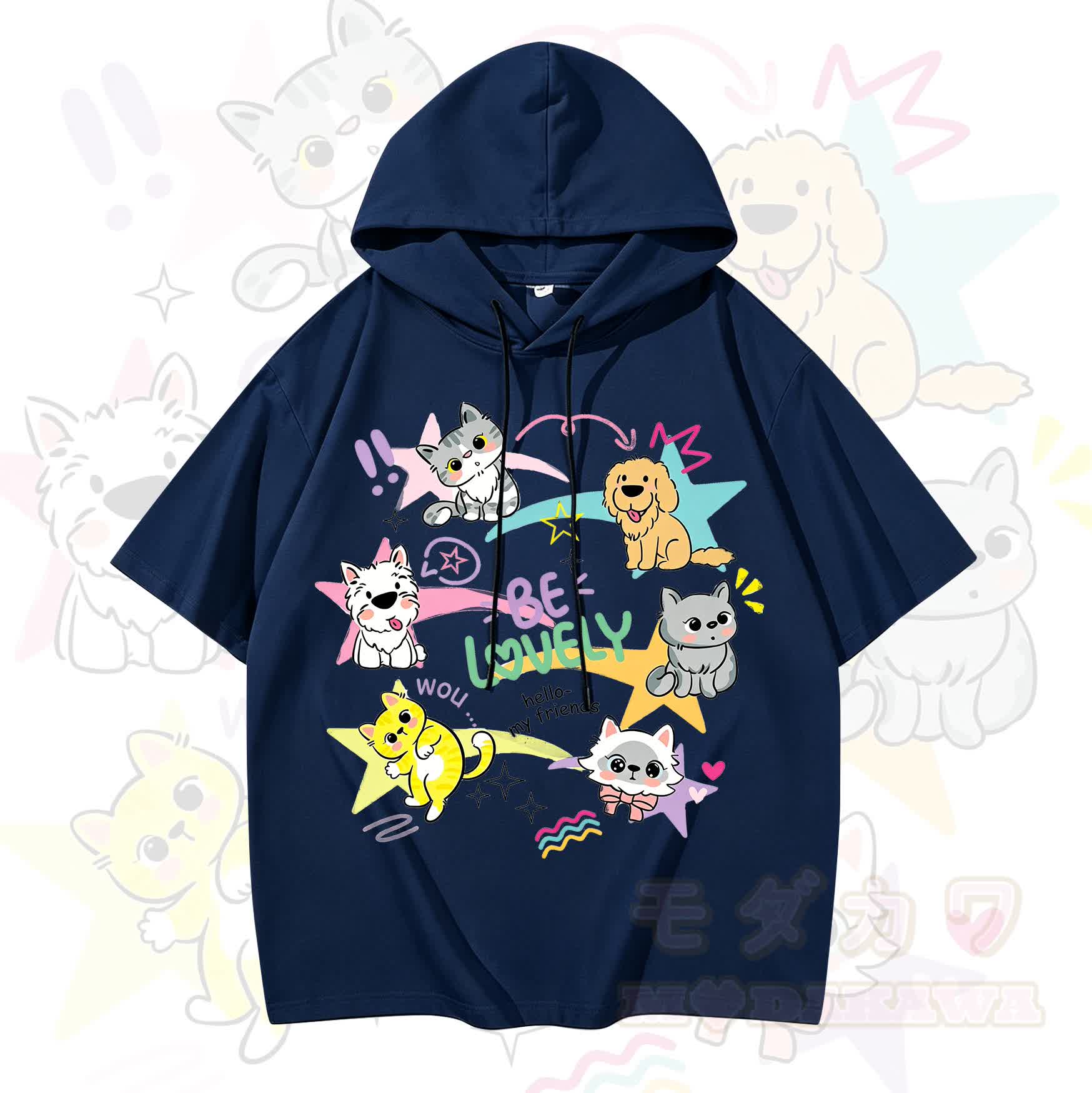 MODAKAWA Kurzarm-Hoodie mit lustigem Katzen- und Hundemotiv - Marine - 3XL - image 1
