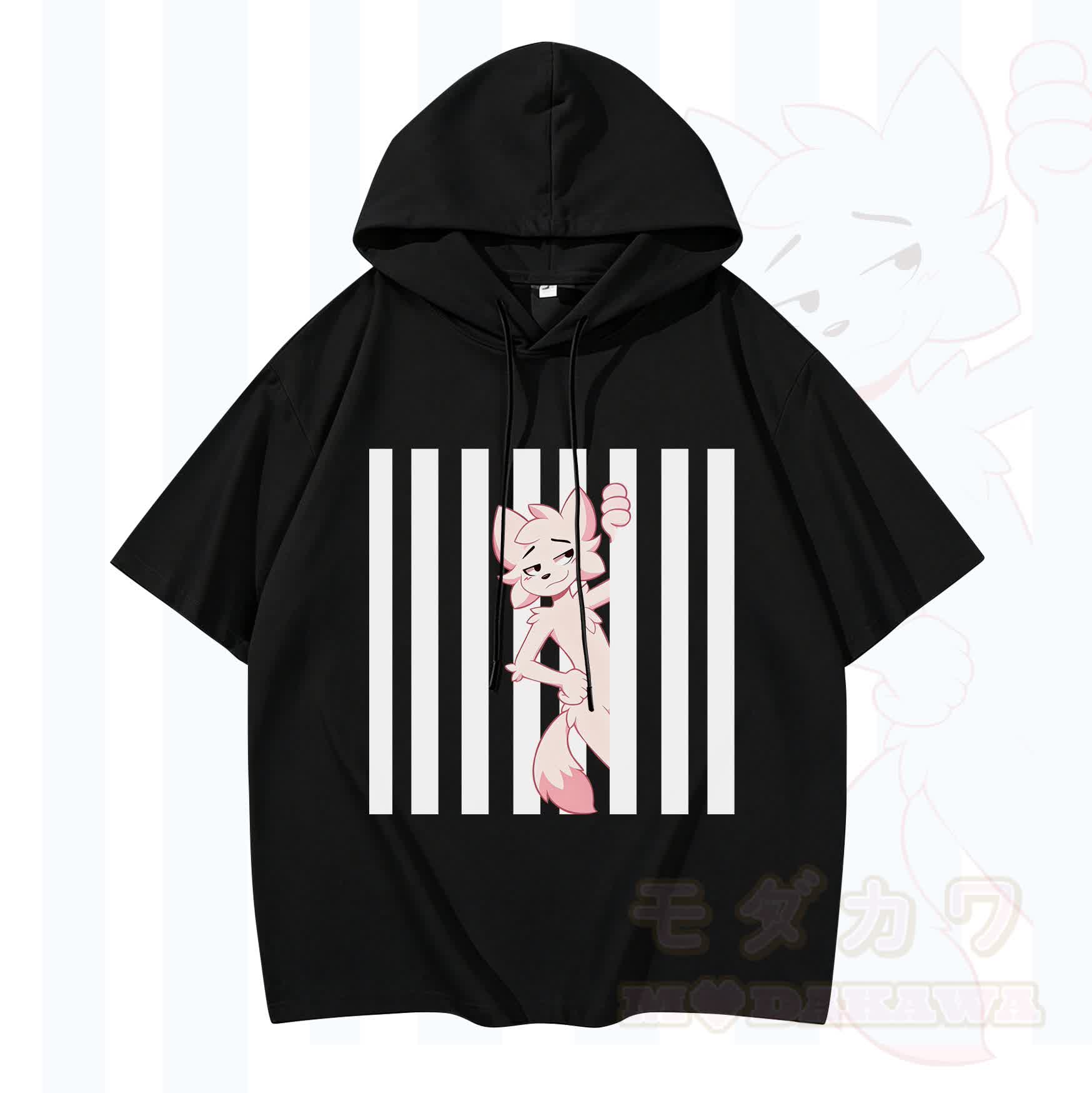 Modakawa Kurzarm-Hoodie mit lustigem Katzenmotiv und vertikalen Streifen - Schwarz - 3XL - image 1