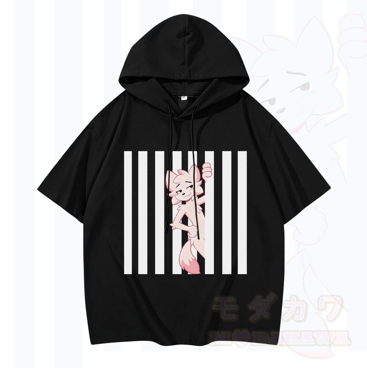 Modakawa Kurzarm-Hoodie mit lustigem Katzenmotiv und vertikalen Streifen - Schwarz - 3XL - image 1