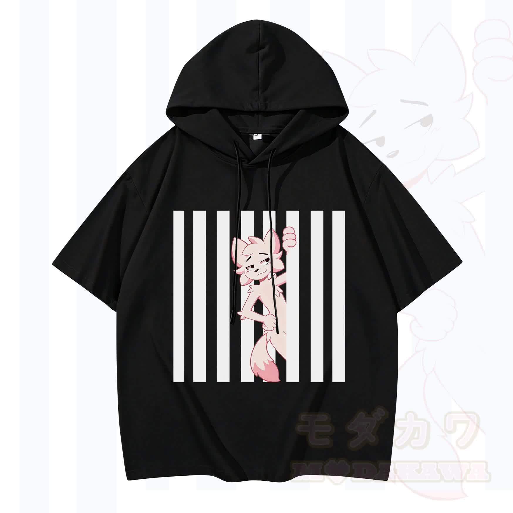 Modakawa Kurzarm-Hoodie mit lustigem Katzenmotiv und vertikalen Streifen - Schwarz - 3XL - image 1