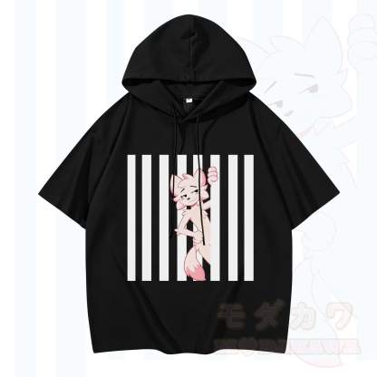 Modakawa Kurzarm-Hoodie mit lustigem Katzenmotiv und vertikalen Streifen - Schwarz - 3XL - image 1