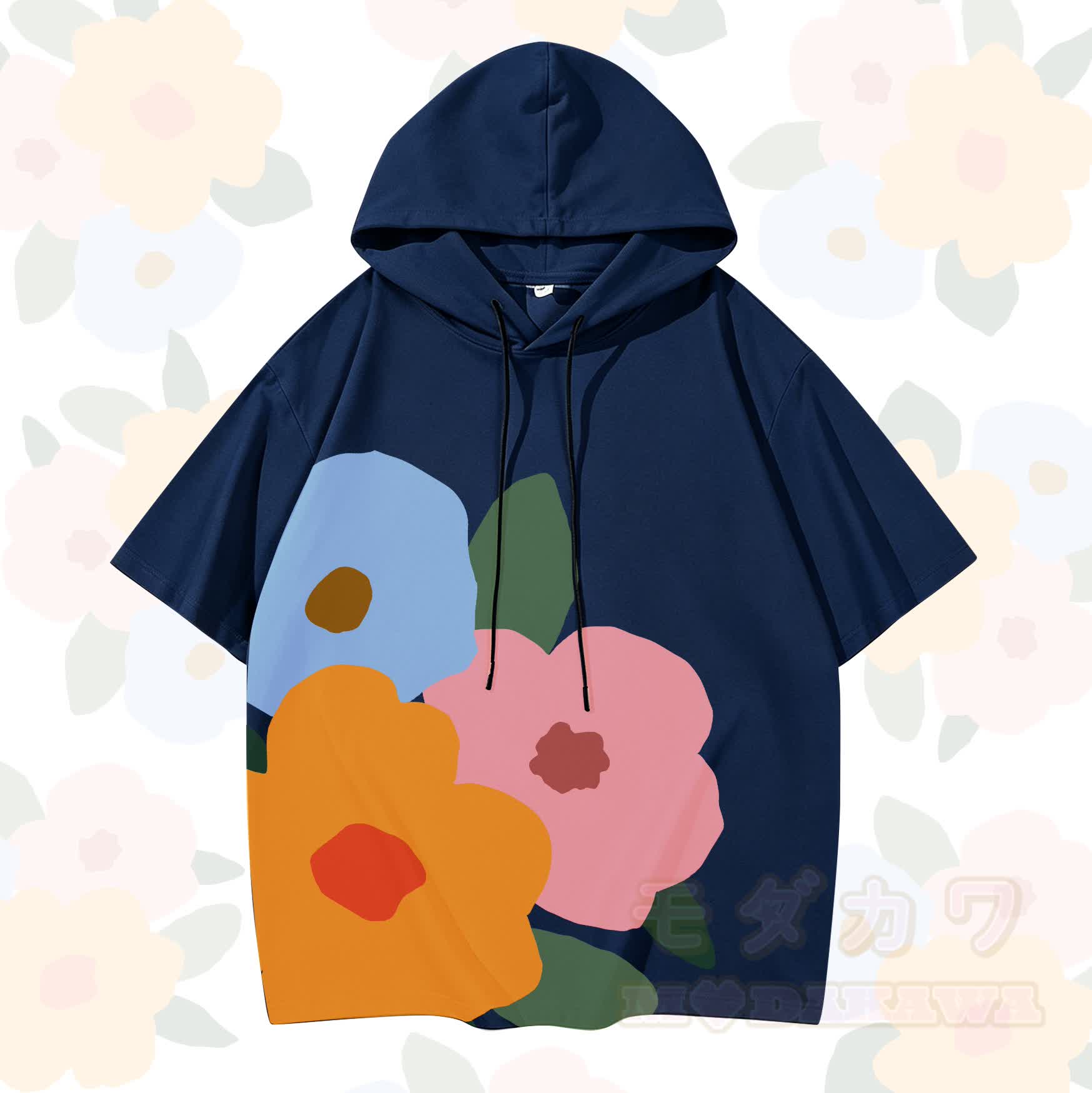 MODAKAWA X Trevor Basset Kurzarm-Hoodie mit buntem Blumenmuster - Marineblau - 3XL - image 1