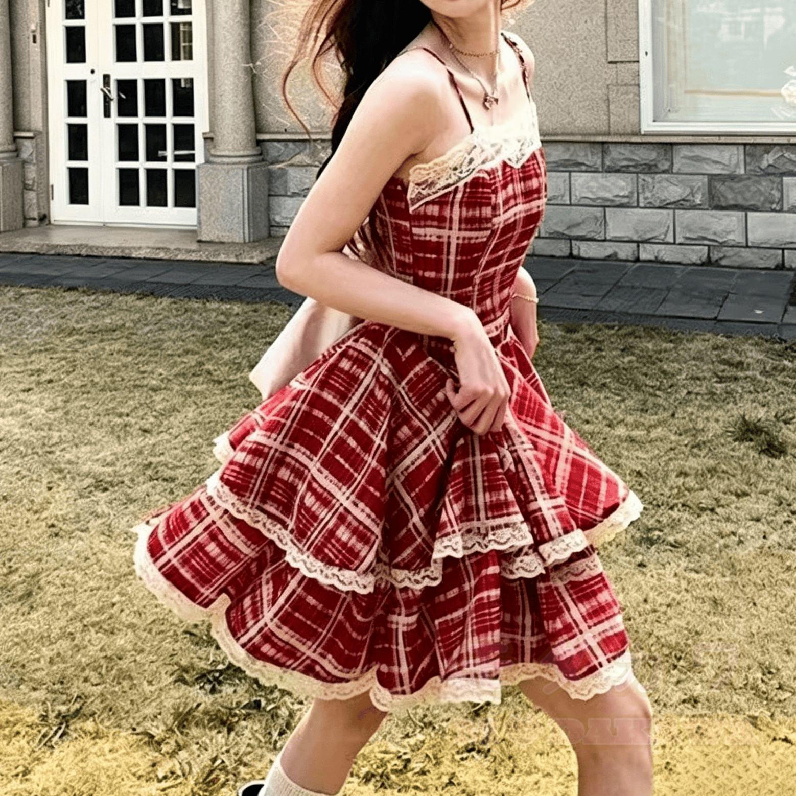 Süßes rosa Hemd mit kariertem rotem Trägerkleid, zweiteiliges Set - Rotes Kleid - 3XL - image 2