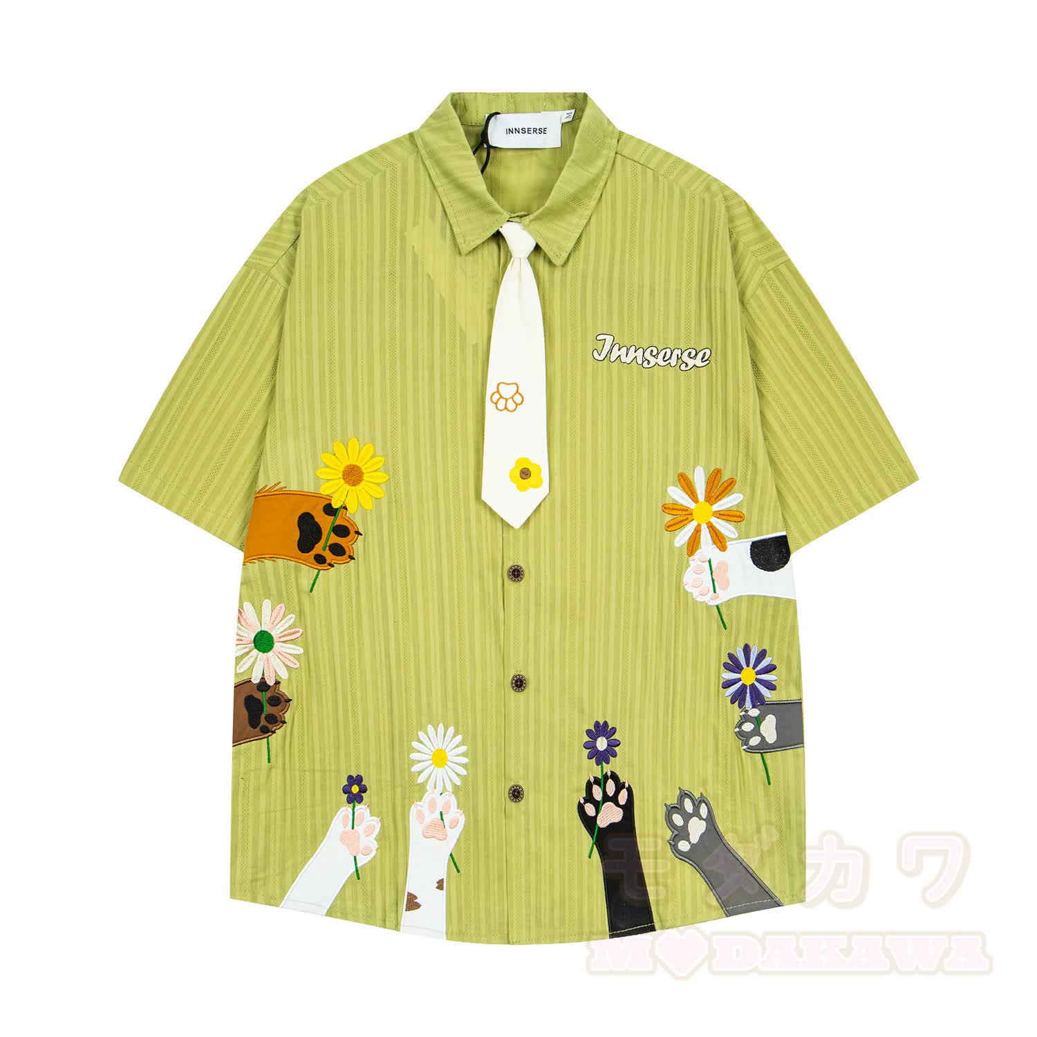 Vintage-Hemd mit blauen Streifen, Katzenpfotenstickerei und passendem Krawatten-Set - Grün - XL - image 2