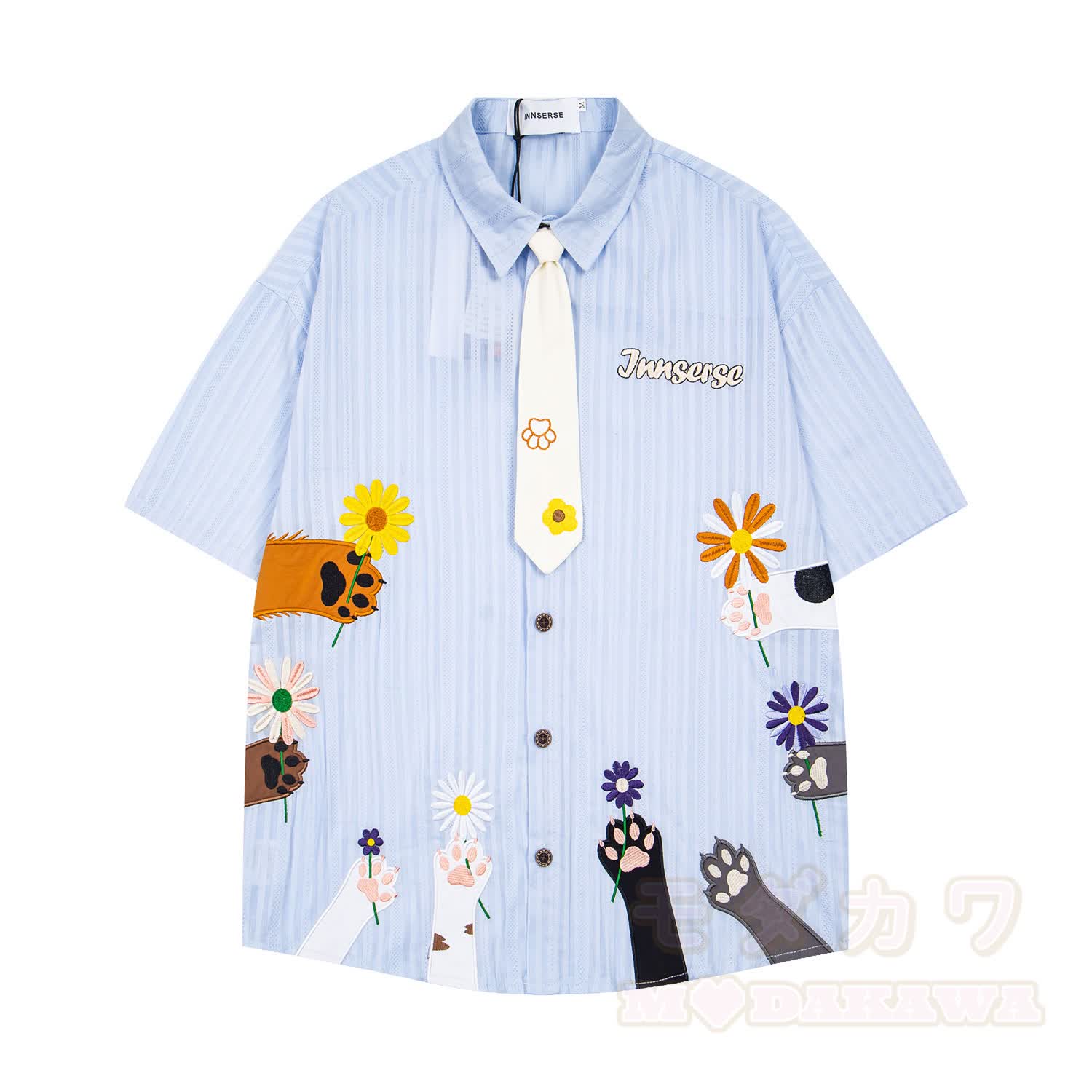 Vintage-Hemd mit blauen Streifen, Katzenpfotenstickerei und passendem Krawatten-Set - Blau - XL - image 1