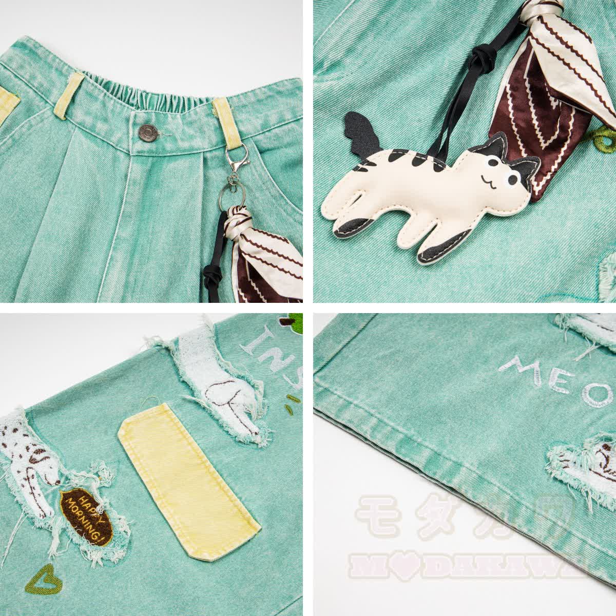 Vintage-Cartoon-Welpen-Patch-bestickte Jeans-Caprihose mit niedlichem Charm-Set - image 3