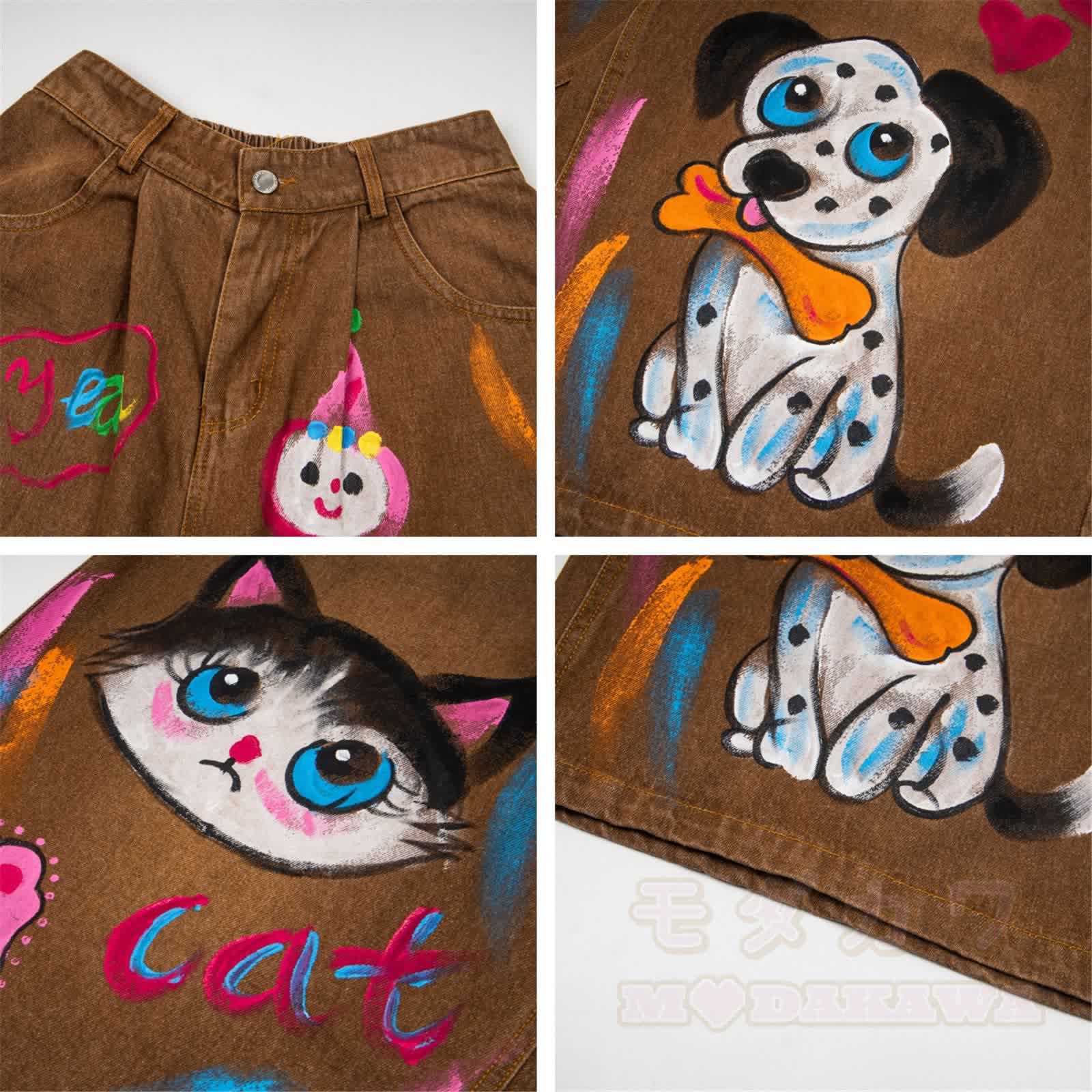 Vintage Jeans-Caprihose mit handgezeichnetem Katzen- und Hunde-Graffiti. - image 2